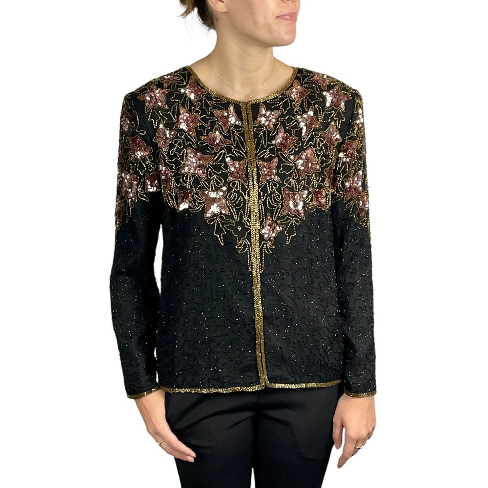 STENAY VINTAGE SILK SEQUIN BEAD EMBELLISHED FLORAL BRONZE HOLIDAY EVENING JACKET